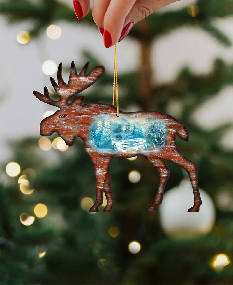 Designocracy Woodsy Moose Scenic Wooden Christmas Ornament Set of 2