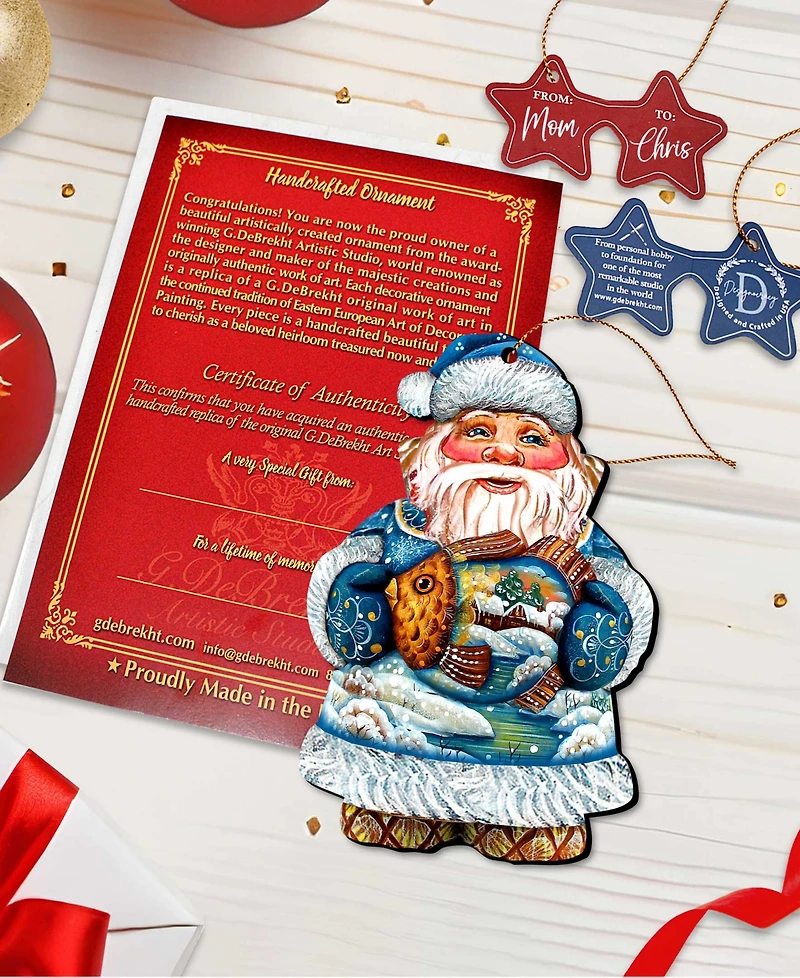 Designocracy Gold Fish Santa Wooden Christmas Ornament Set of 2