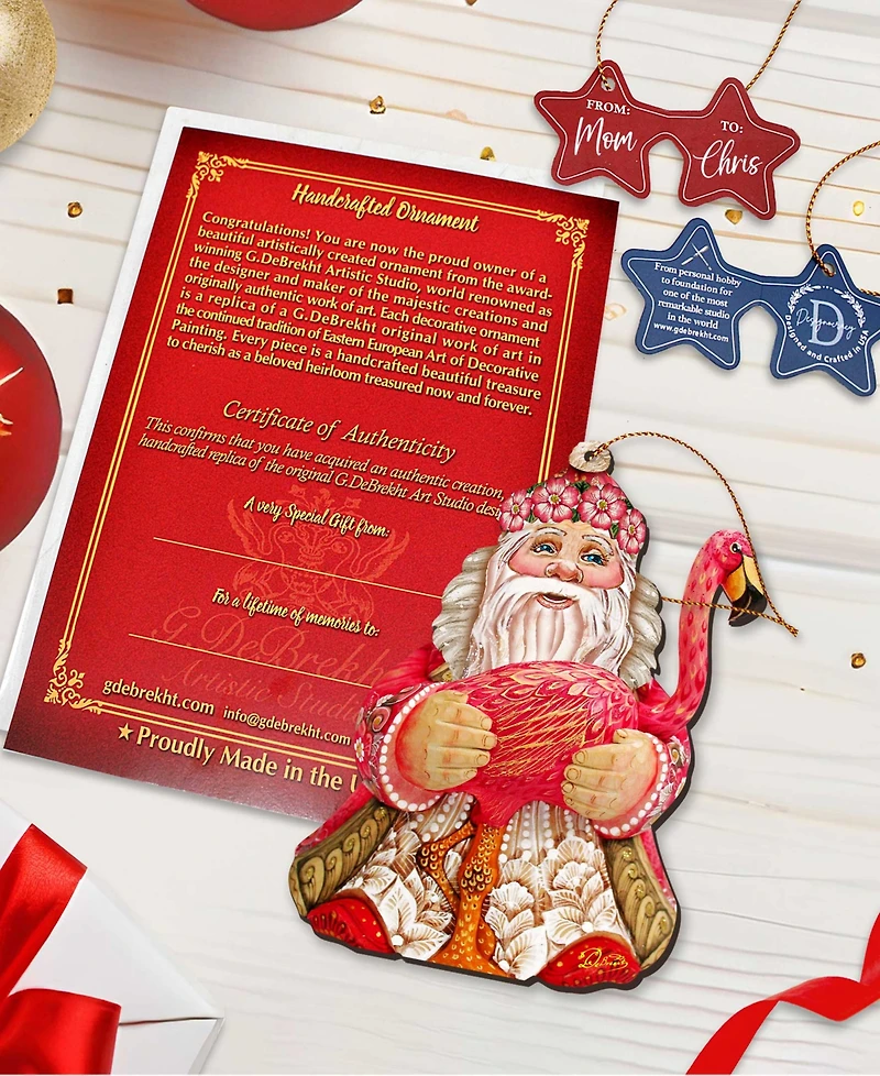 Designocracy Flamingo Santa Wooden Christmas Ornament Set of 2