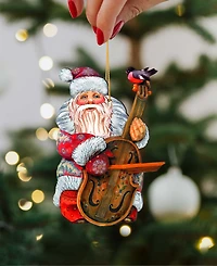 Designocracy Violin Santa Wooden Christmas Ornament, Set of 2