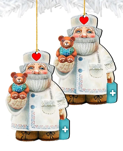 Designocracy Teddy Bear Doctor Wooden Christmas Ornament, Set of 2
