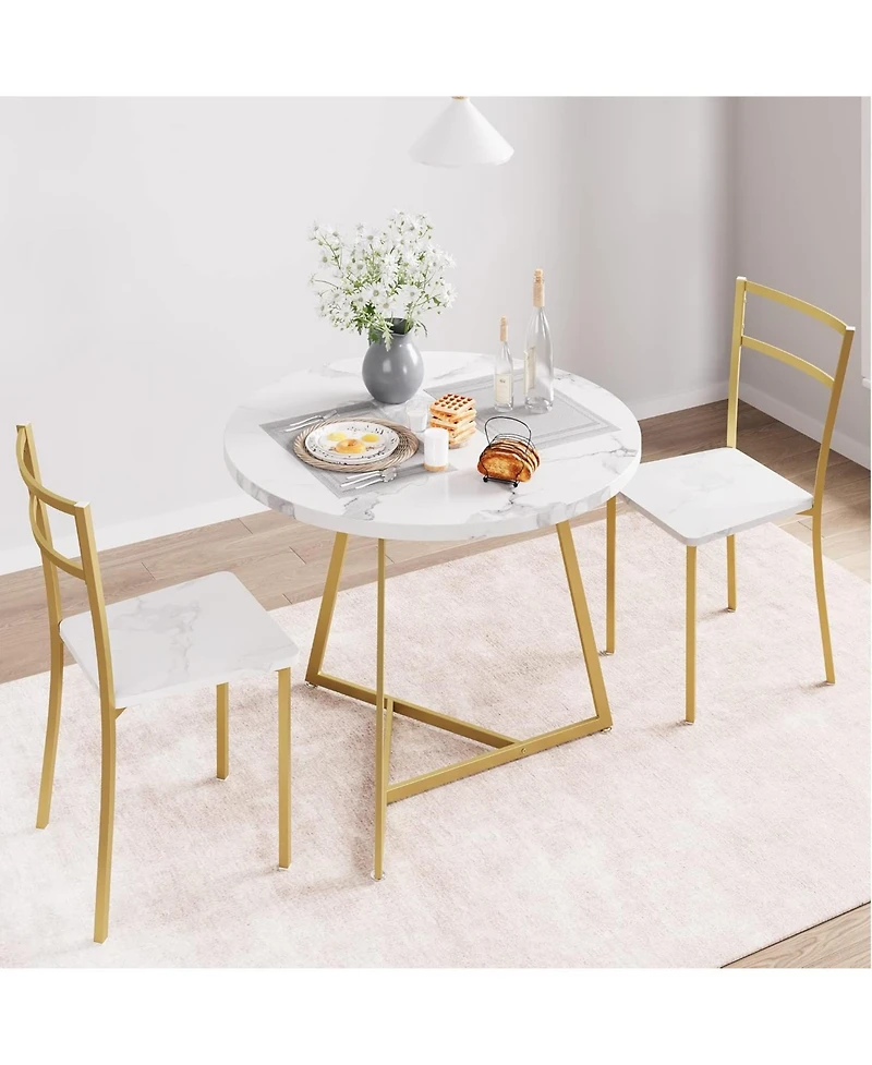 Gaomon 3-Piece Round Dining Set for 2, Table with Cushioned Chairs, Gold White