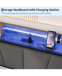 gaomon twin daybed with pop-up trundle, linen upholstery, storage headboard charging ports, Led lights, and durable metal frame