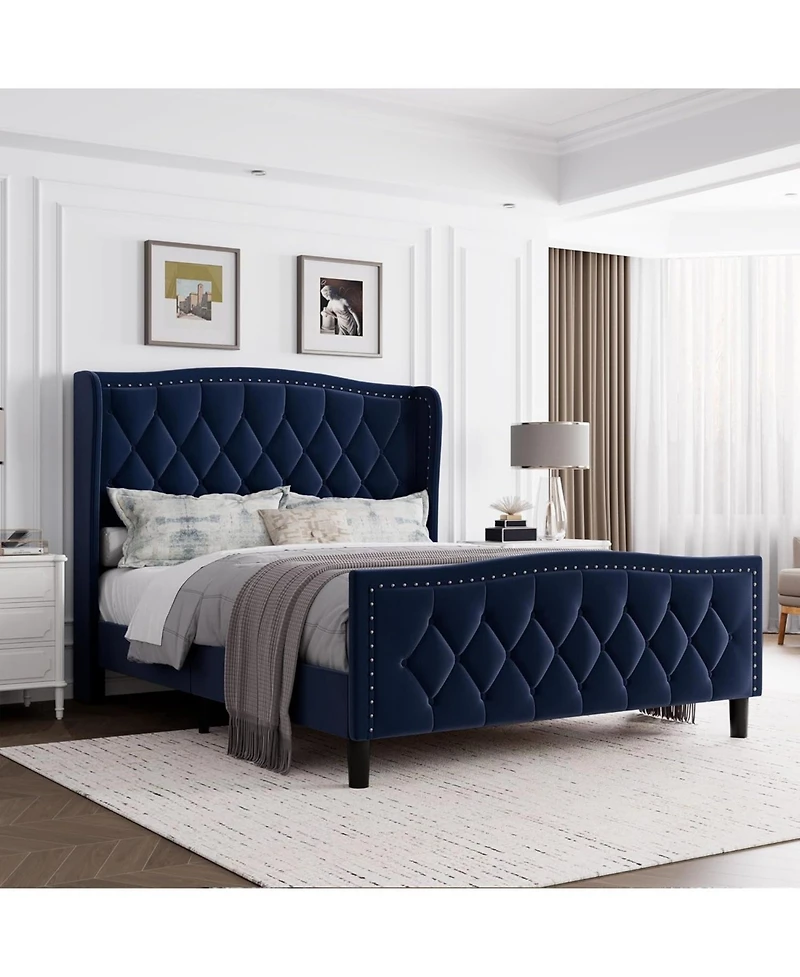 gaomon Full Size Velvet Wingback Platform Bed Frame Upholstered Headboard, No Box Spring Needed