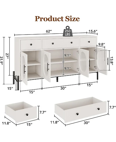 gaomon 62 Inch Modern Sideboard Cabinet with 3 Drawers and 3 Glass Doors Anti Tip Safety