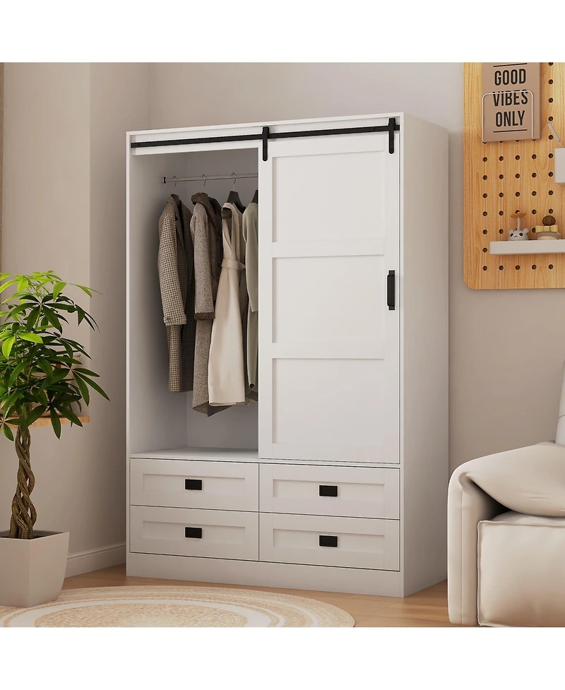 flynama Tall Bedroom Armoire Wardrobe Closet Clothing Storage Cabinet with Hanging Rod Barn Door Drawers and Open Shelves
