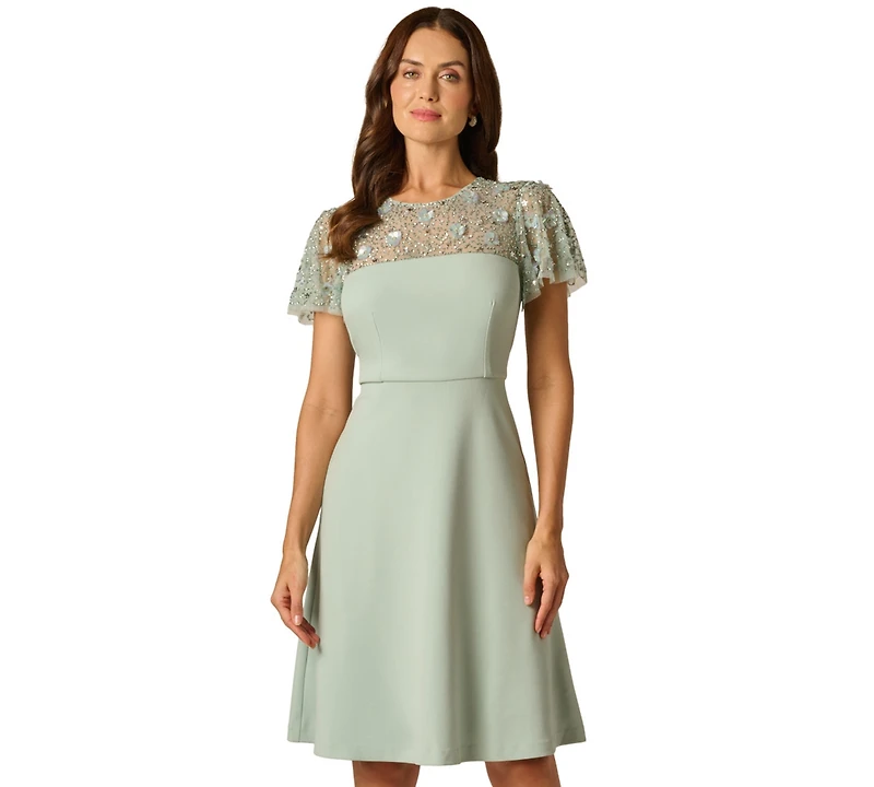 Adrianna Papell Women's Bead Crepe Crewneck Illusion Dress