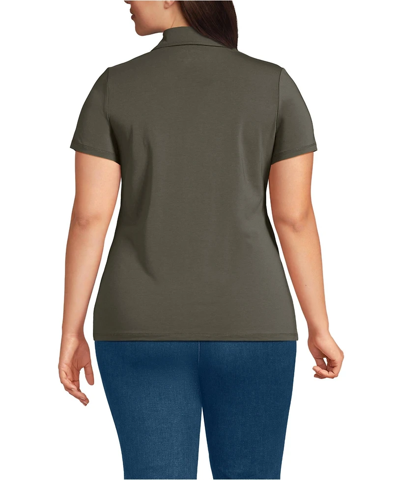Lands' End Women's Plus Short Sleeve Lightweight Jersey Pintuck Open Collar Polo