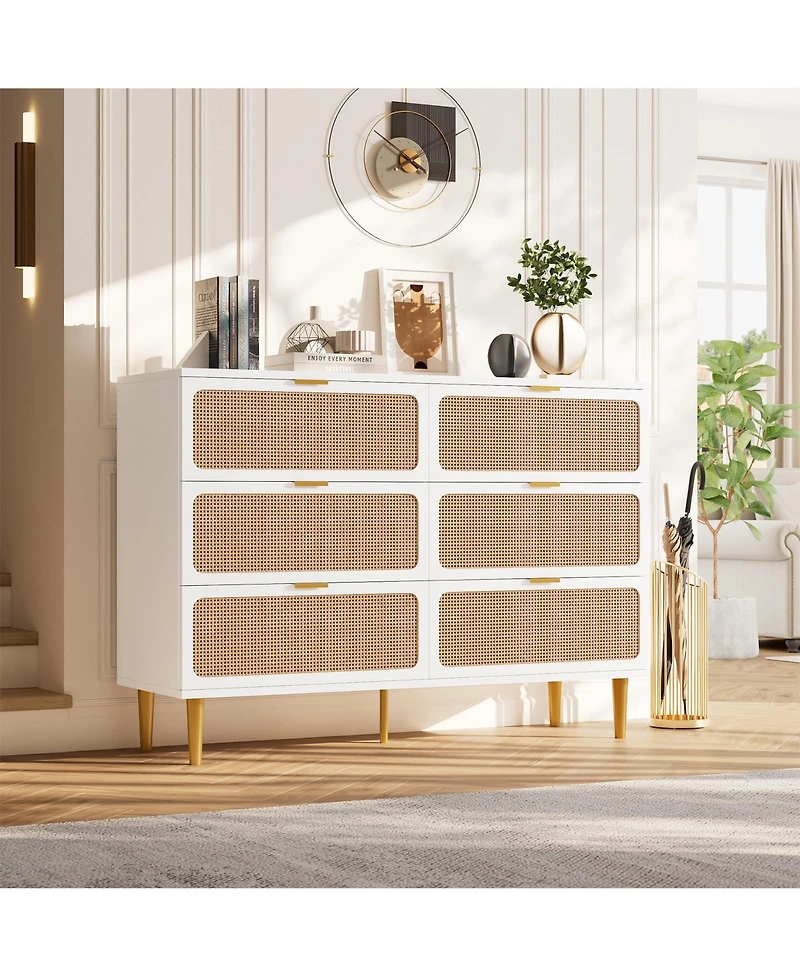 gaomon 6 Drawer Dresser for Bedroom, Large Modern Double Dresser with Wide Top, Rattan Chest of Drawers with Deep Drawers for Living Room Hallway