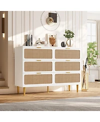 gaomon 6 Drawer Dresser for Bedroom, Large Modern Double Dresser with Wide Top, Rattan Chest of Drawers with Deep Drawers for Living Room Hallway