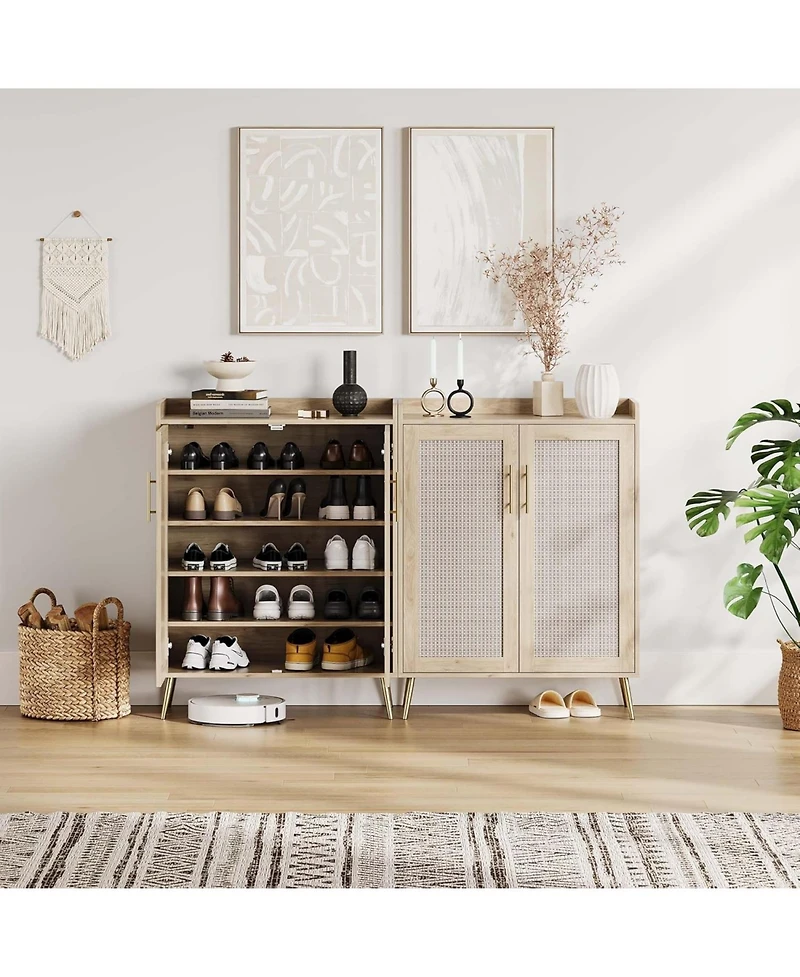 gaomon Rattan Shoe Cabinet, 5-Tier Shoe Storage Cabinet with Doors, Adjustable Shelves and Metal Legs, Beige