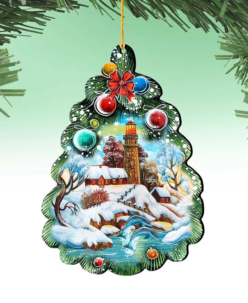 Designocracy Light House Tree Wooden Christmas Ornament Set of 2