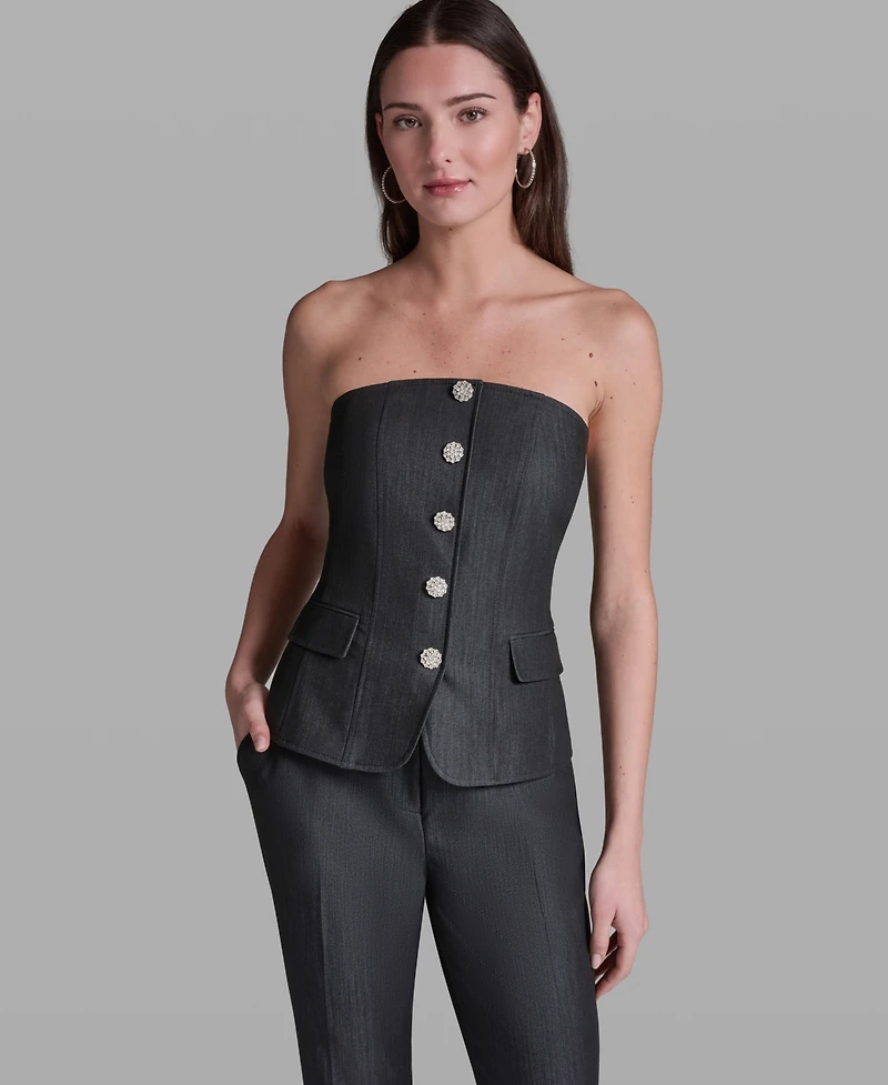 Bcbg Women's Faux Denim Strapless Button-Front Top