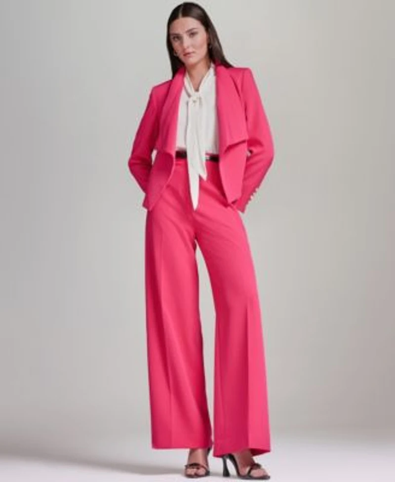 Womens Open Front Collared Jacket Belted Wide Leg Pants