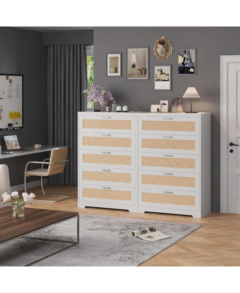 gaomon Rattan 6 Drawer Dresser Natural Wood Deep Storage Metal Handles for Bedroom and Living Room