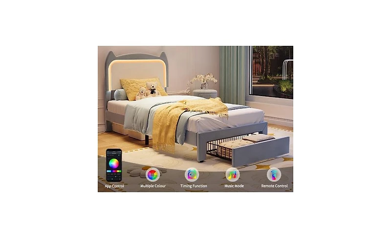 gaomon Bed Frame with Cat Headboard, Twin Platform Grb Led Lights, Storage Drawer & Strong Wood Slats Support