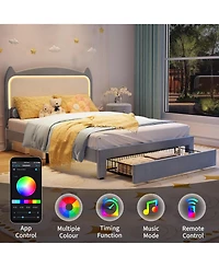 gaomon Bed Frame with Cat Headboard, Twin Platform Grb Led Lights, Storage Drawer & Strong Wood Slats Support