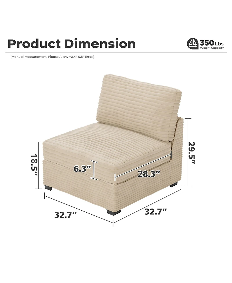 Xizzi Modular Sectional Sofa Middle Seat Module, 32.7" for Diy Combination L U V Shaped, Plush Corduroy Loveseat Chair Living Room