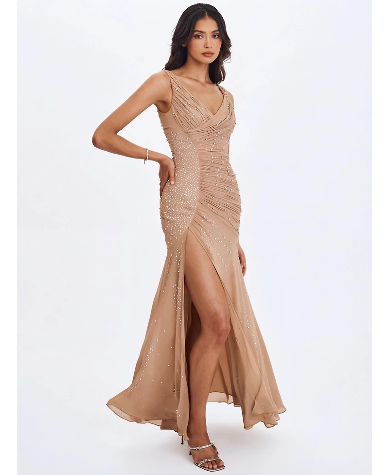 Miss Circle Women's Viveca Apricot Crystal-Embellished Asymmetrical Ruched Maxi Dress