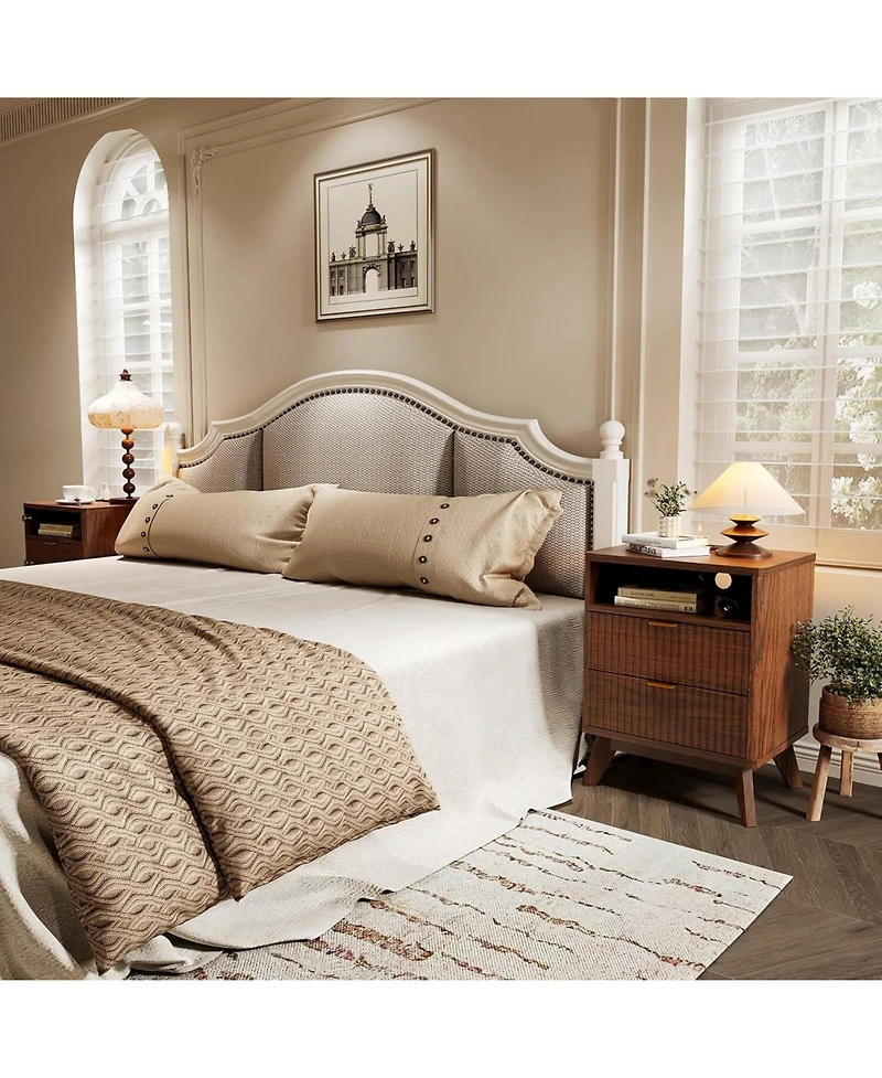 gaomon Modern Fluted Wood Nightstand with 2 Drawers, Open Shelf and Charging Station