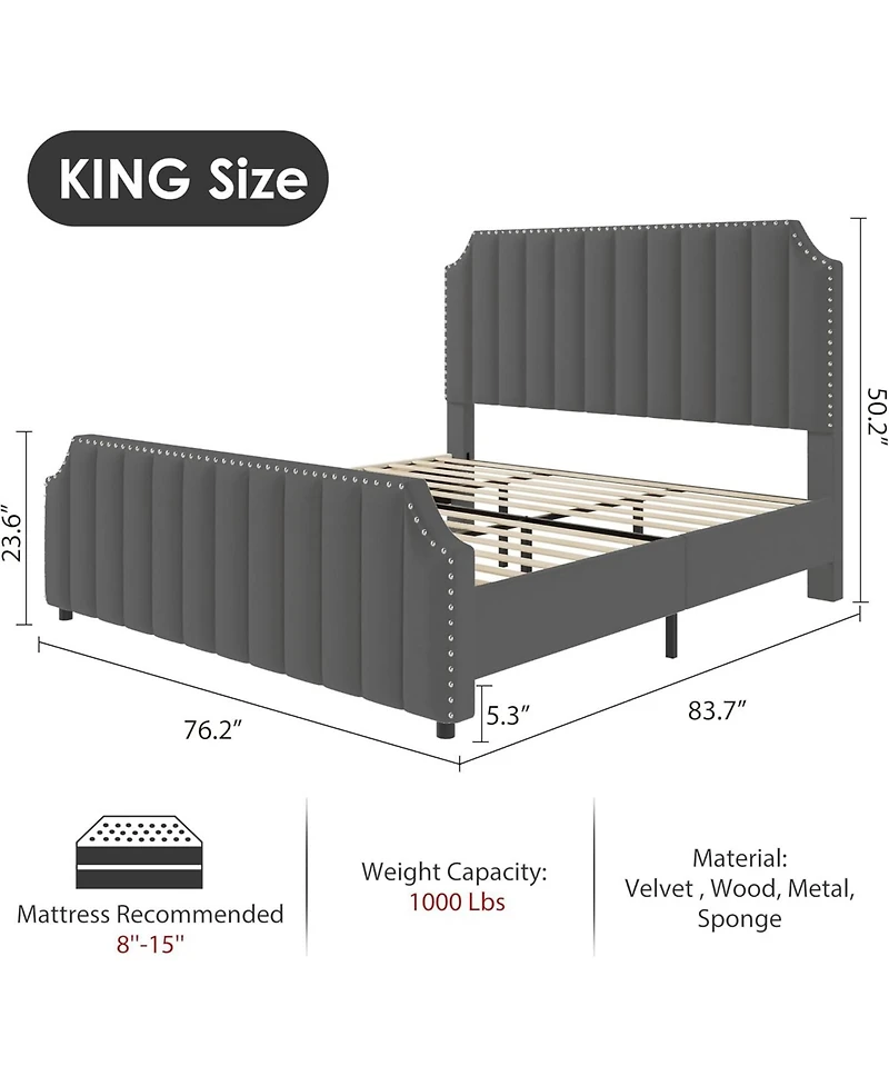 gaomon King Platform Bed Frame 50 Inch Headboard Velvet Vertical Tufted Headboard Footboard Nailhead No Box Spring