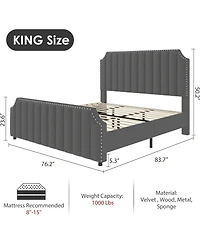 gaomon King Platform Bed Frame 50 Inch Headboard Velvet Vertical Tufted Headboard Footboard Nailhead No Box Spring
