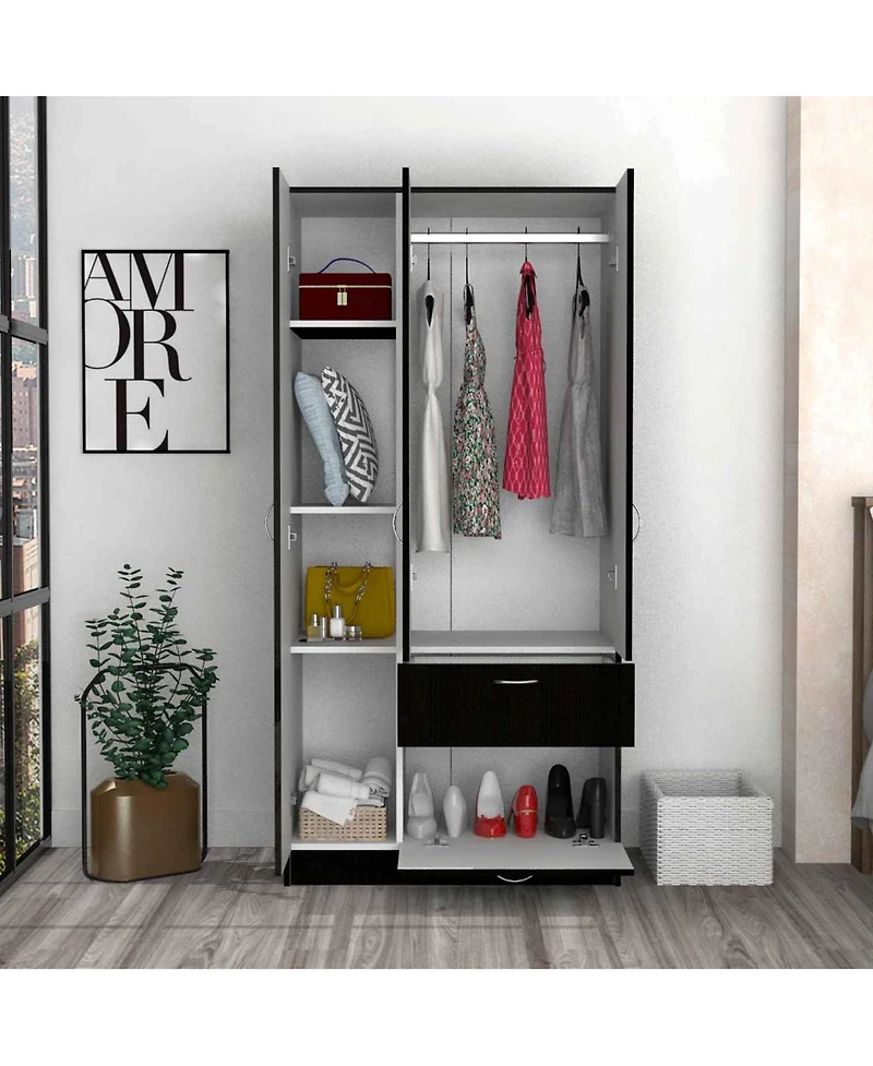 flynama Meredith 1Drawer Rectangle Armoire Wenge and White with Hanging Rod 7 Shelves and PullDown Door Cabinet