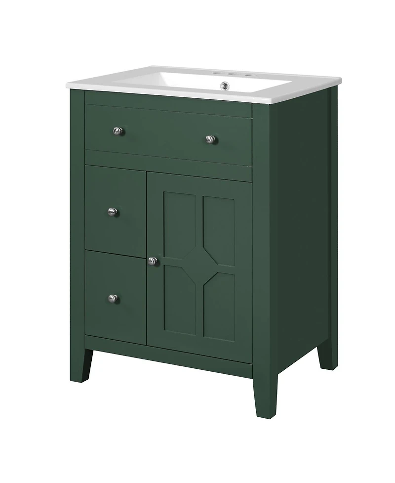Sillysis 24" Bathroom Vanity with Ceramic Basin, Modern Cabinet with 2 Drawers, Soft-Closing Door & Adjustable Shelf for Small Bathrooms