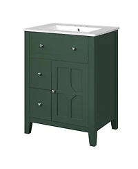 Sillysis 24" Bathroom Vanity with Ceramic Basin, Modern Cabinet with 2 Drawers, Soft-Closing Door & Adjustable Shelf for Small Bathrooms