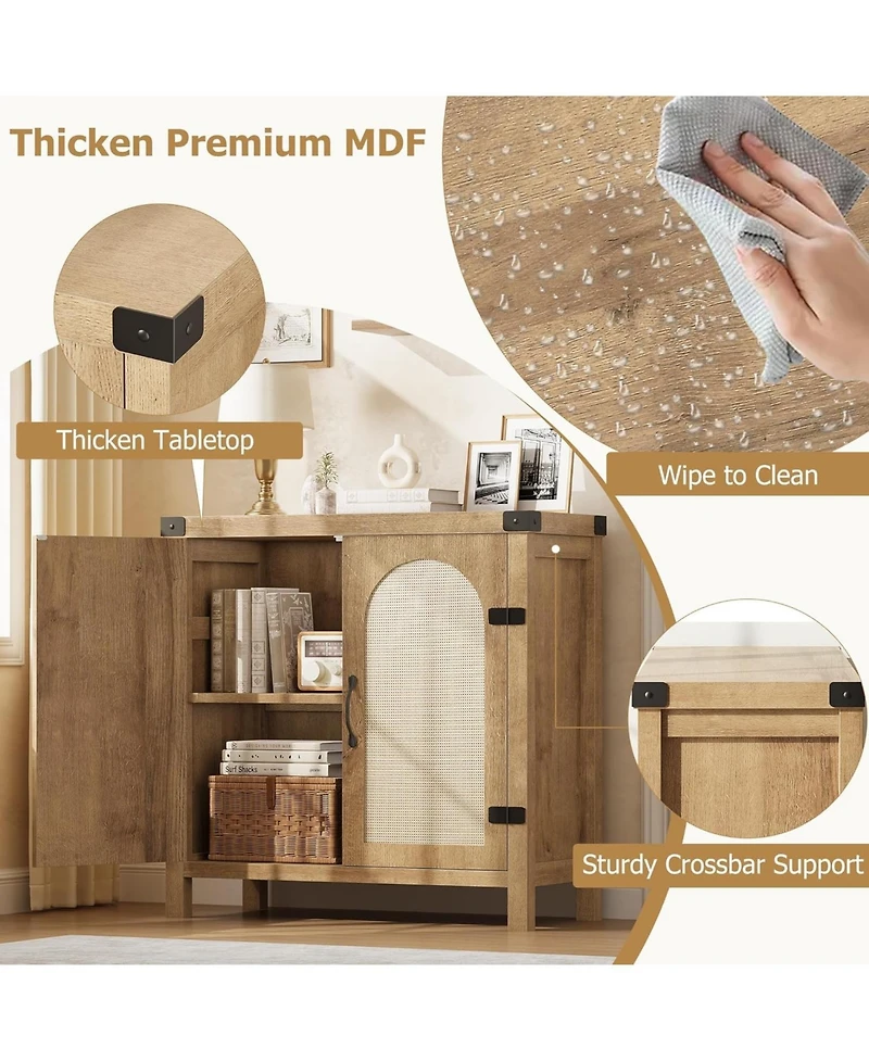 gaomon 31.5 Inch Rattan Buffet Cabinet 2 Doors Adjustable Shelves Natural