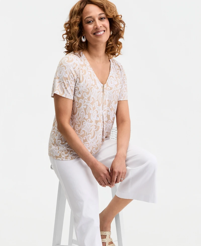 Jm Collection Women's Printed Front Zipper V-Neck Top, Macy's Exclusive