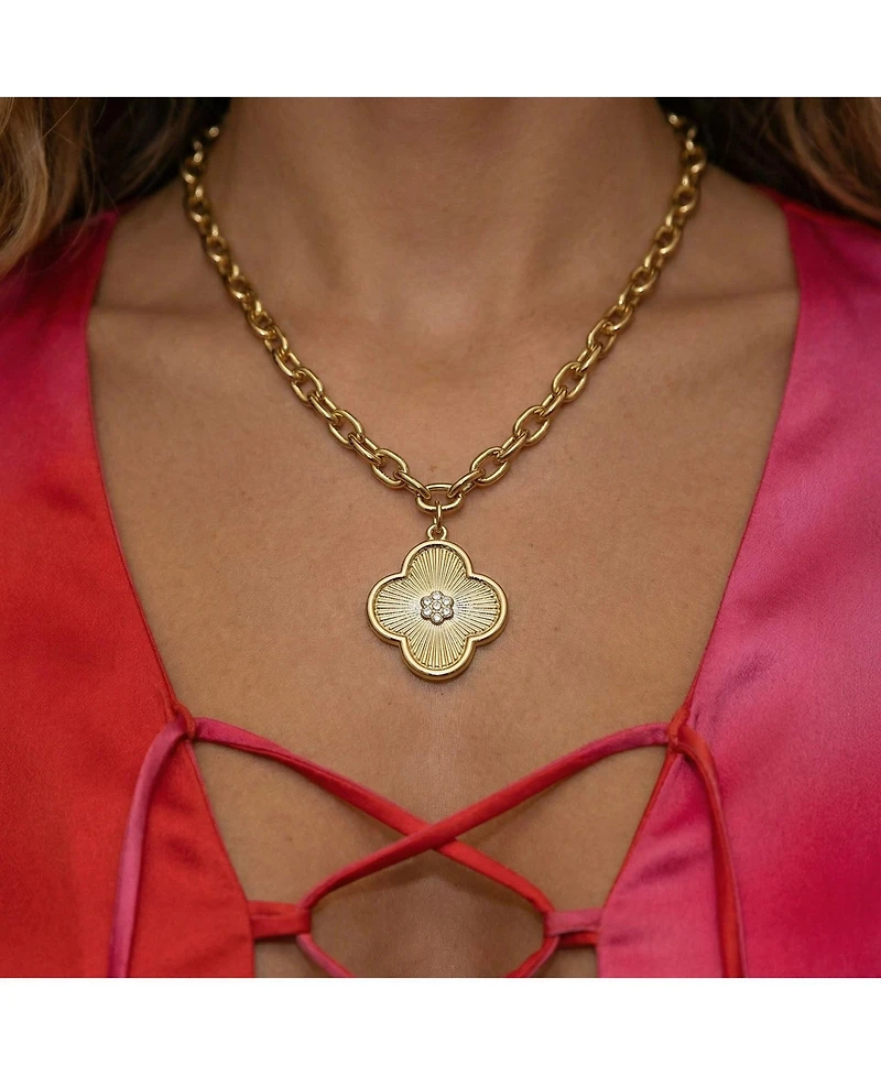 Bowood Lane 25mm Clover Charm with Micro Pave Cz Center On A Gold Plated Oval Chain Necklace