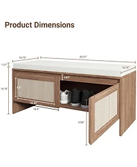 Rainsken Rattan Entryway Bench, Wooden Bench with Storage and Cushion Seating for Bedroom, Hallway