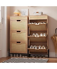 gaomon Rattan Shoe Cabinet with 3 Flip Doors and Drawer Freestanding Shoe Organizer with Adjustable Shelves