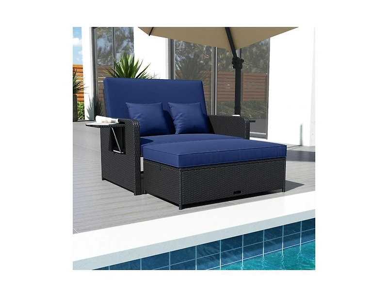 Slickblue Outdoor Wicker Daybed with Adjustable Backrest and Storage Ottoman