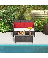 Gymax 2PCS Patio Pe Wicker Rattan Loveseat Sofa Set w/ Coffee Table & Cushions
