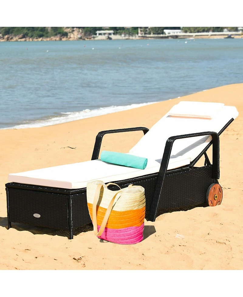 Slickblue Reclining Outdoor Rattan Lounge Chair with Adjustable Back and Wheels