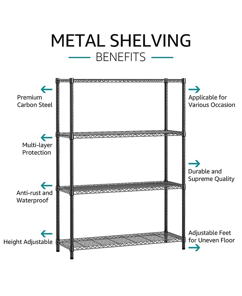 Rainsken 4- Tier Metal Storage Shelves, Adjustable Wire Shelving Rack for Garage, Basement, Warehouse, 1400 Lbs Capacity