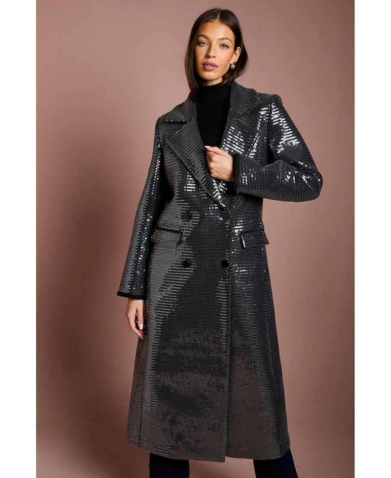 Coast Women's Faux Fur Collar Sequin Longline Coat