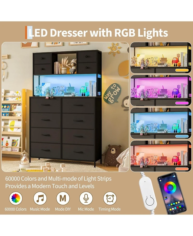 gaomon 12-Drawer Dresser with Power Outlet & Open Shelves - Led Light Wood Top Metal Frame Fabric Dresser for Bedroom