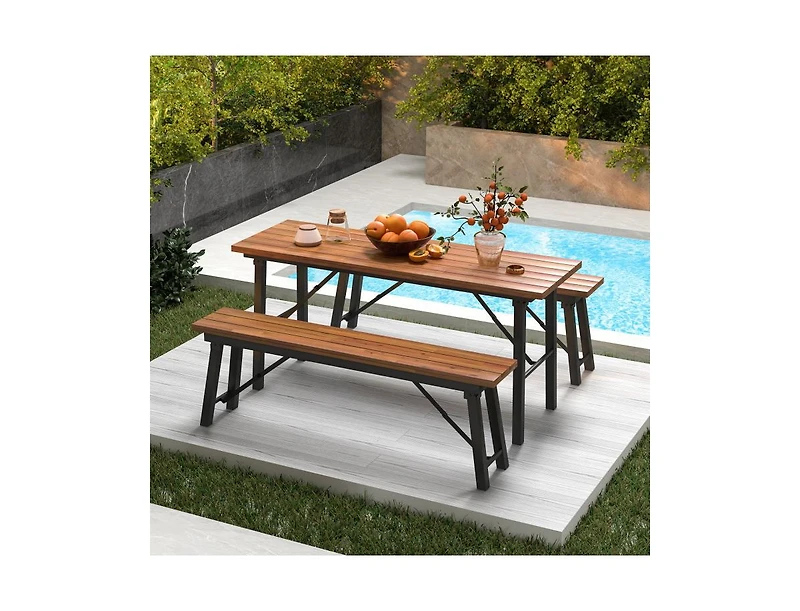Slickblue Acacia Wood Outdoor Dining Table and Bench Set for Patio