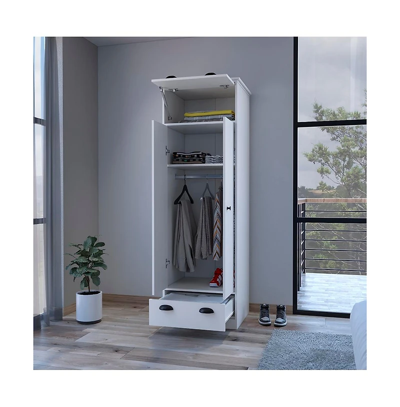 flynama Dumas Armoire Bedroom Storage Organizer with Double Doors Hanging Rod and Two Drawers