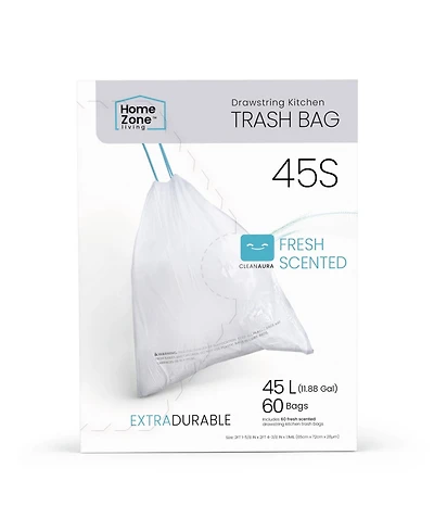 Home Zone Living Code 45S Drawstring Kitchen Trash Bags Custom Fit for 12 Gallon Bins, 60-Count