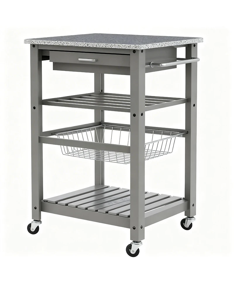 Yigii Granite top pine kitchen storage cart with casters and drawers