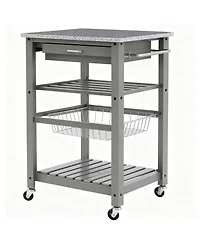 Yigii Granite top pine kitchen storage cart with casters and drawers