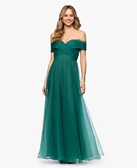 Betsy & Adam Petite Mesh Off-The-Shoulder Ball Gown