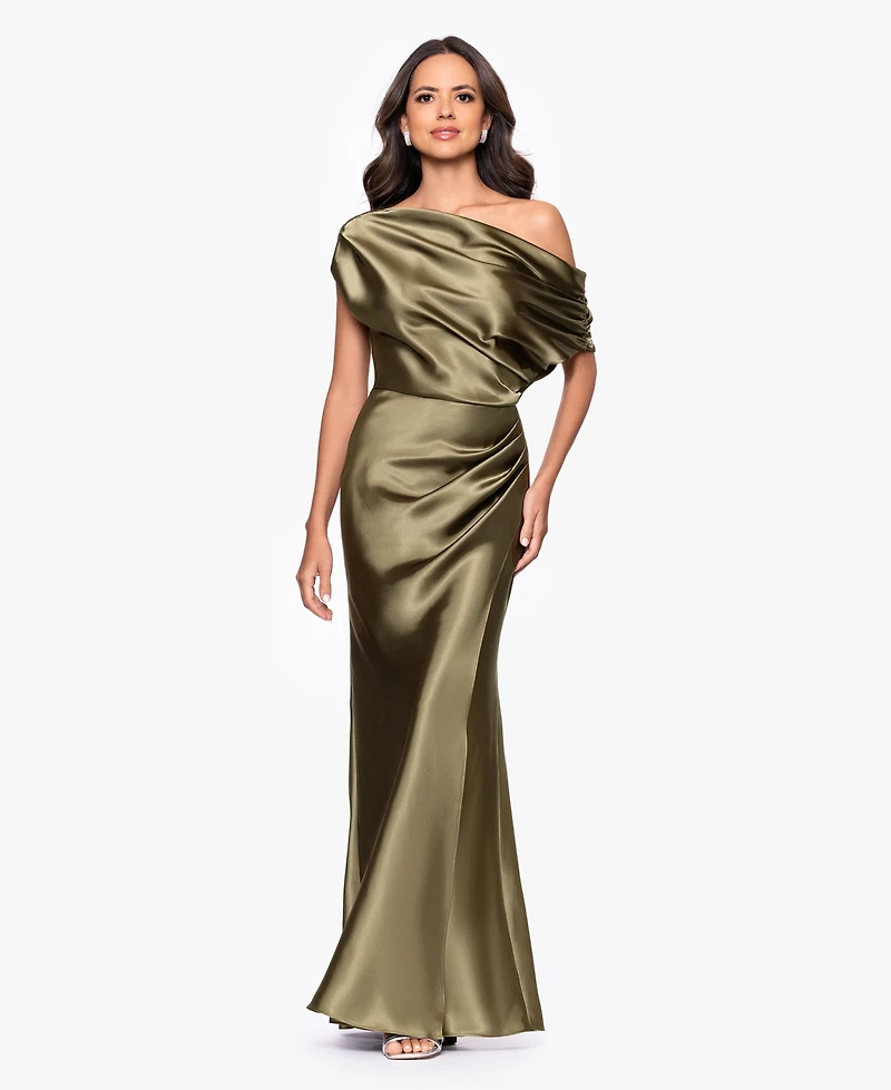 Betsy & Adam Petite Draped Asymmetrical Neck Ball Gown