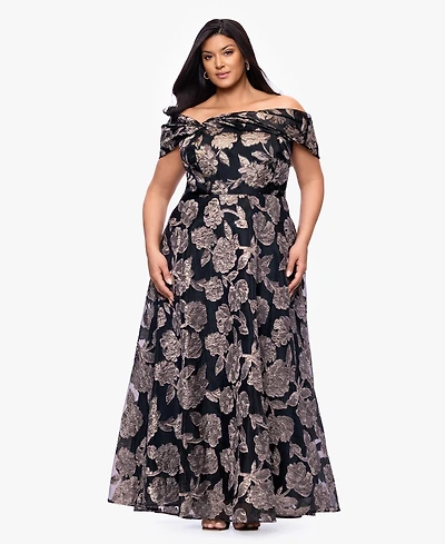 Betsy & Adam Plus Printed Off-The-Shoulder Ball Gown