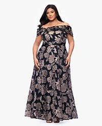Betsy & Adam Plus Printed Off-The-Shoulder Ball Gown
