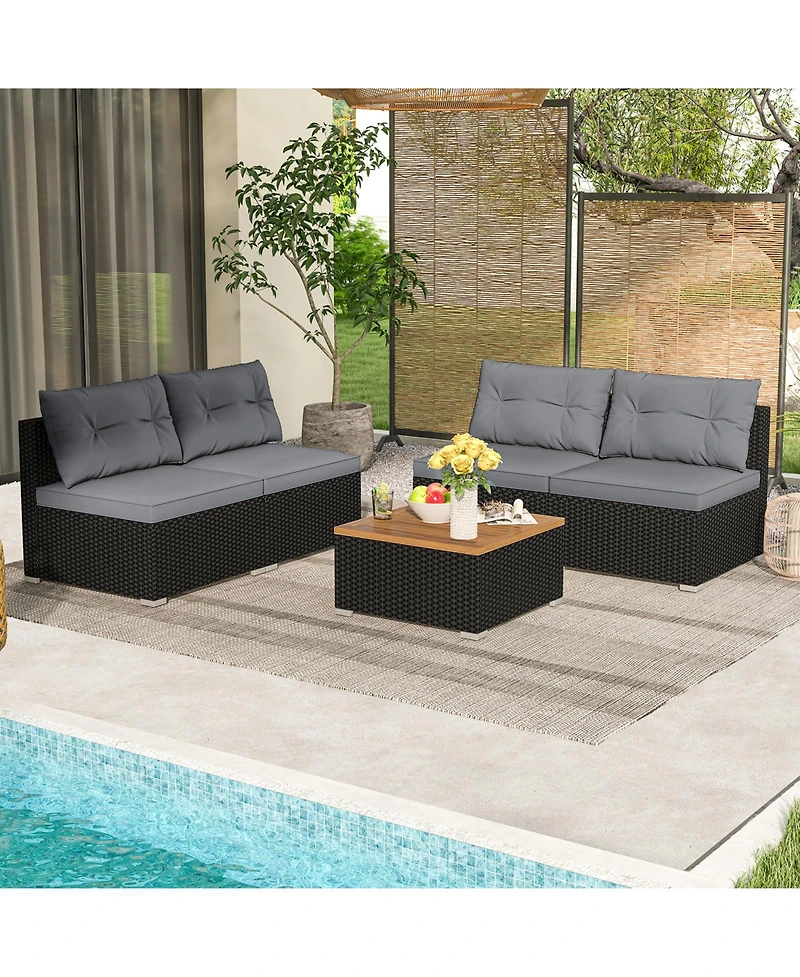 Gymax Set Of 5 Outdoor Furniture Set w/ Seat and Back Cushions Acacia Wood Tabletop